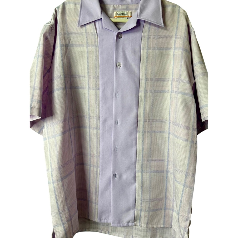 Daniel Ellissa Plaid Button Up Camp Shirt Short Sleeve‎ Lavender Vintage Mens L